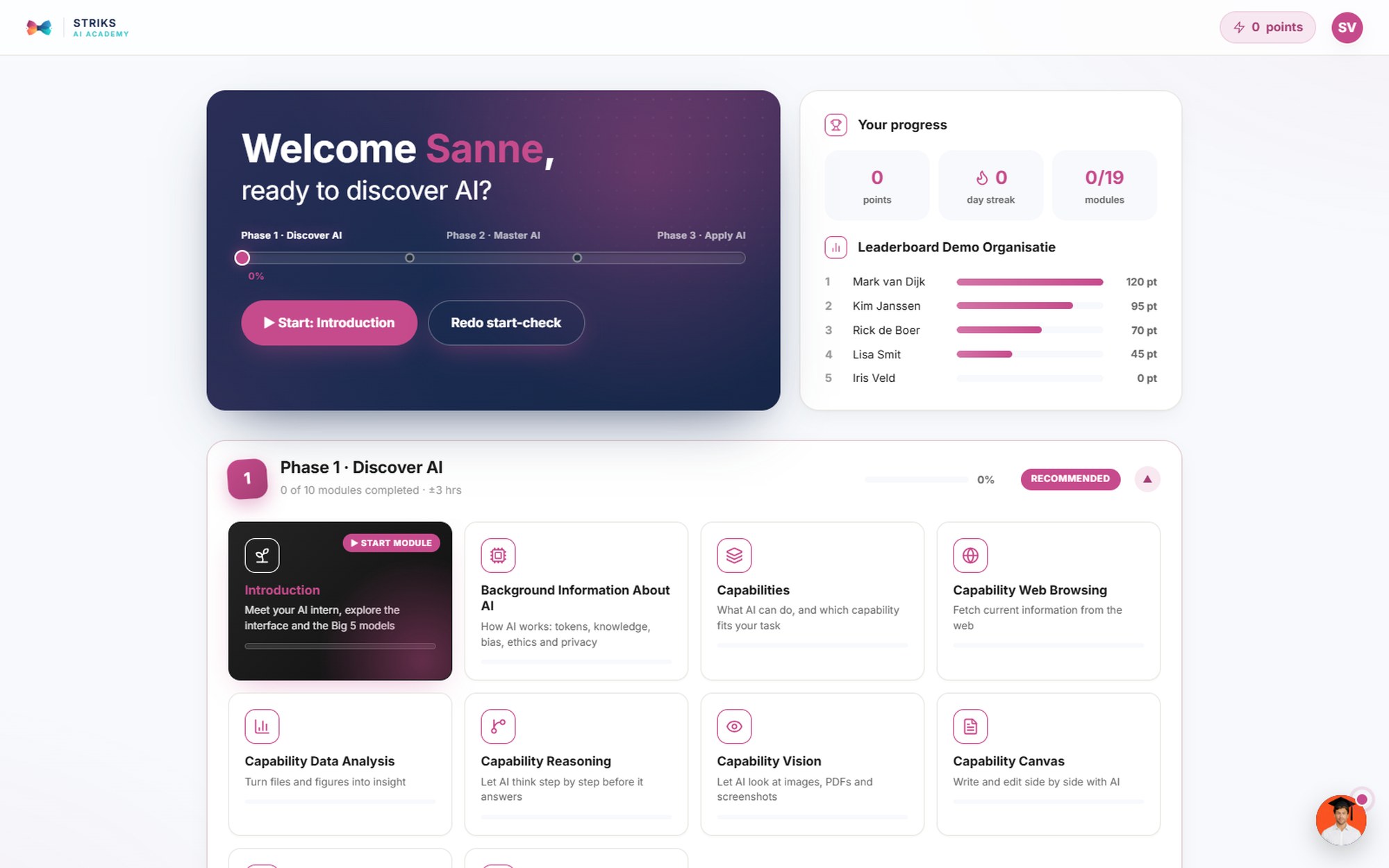 Het Striks AI Academy dashboard